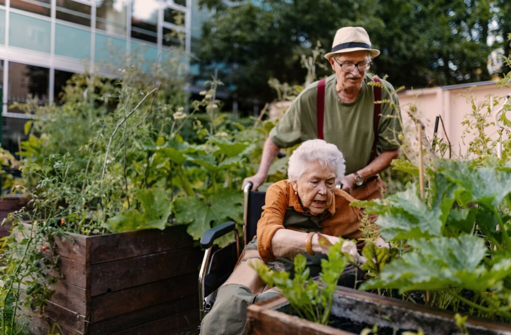Two seniors with dementia spend time in their memory care community garden for positive sensory experiences