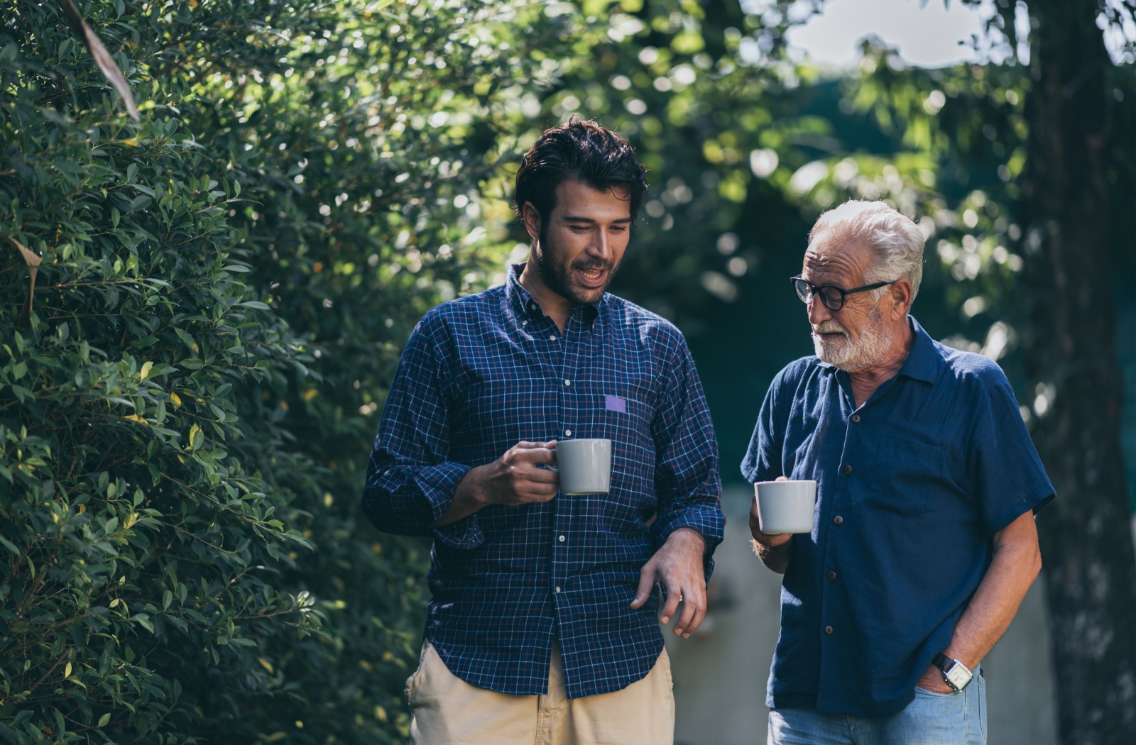 An adult uses morning coffee and their parents’ favorite outdoor space as a way to broach the topic of assisted living