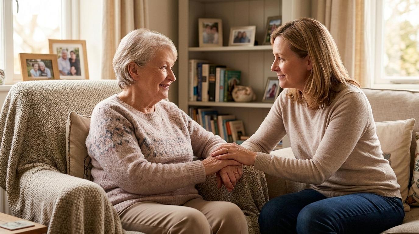 A caring family member sits with a senior, offering gentle support and companionship.