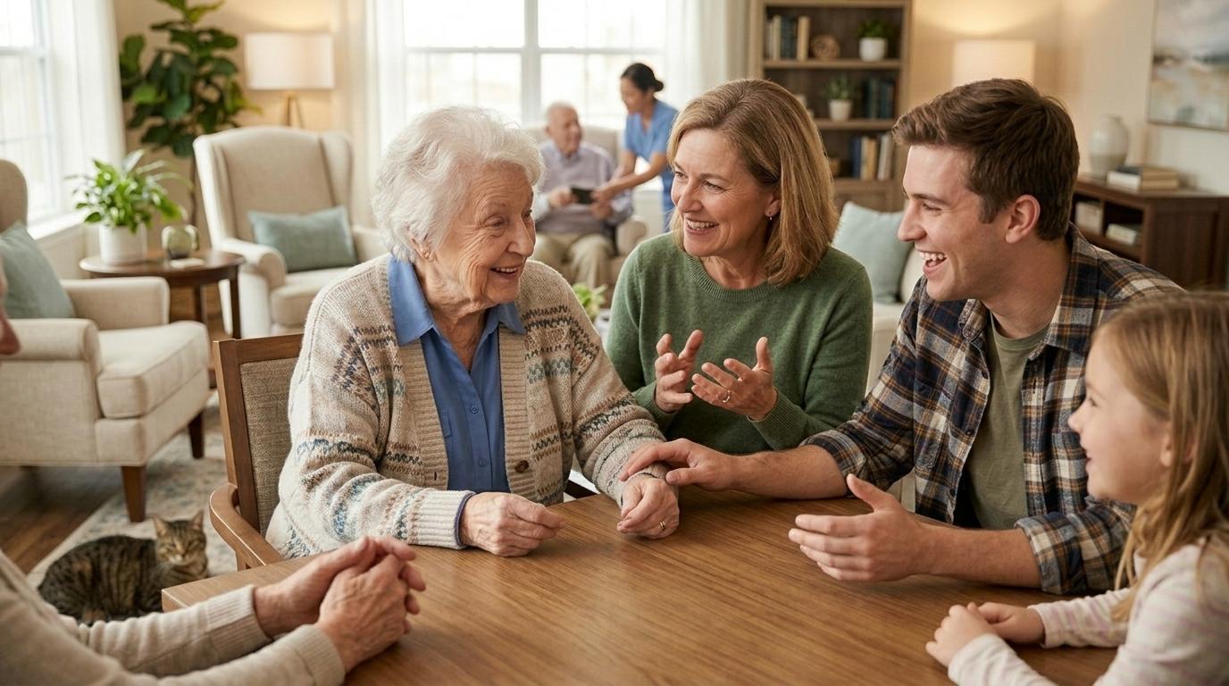 A senior and family members share a warm moment together, reflecting emotional connection and family support in memory care.