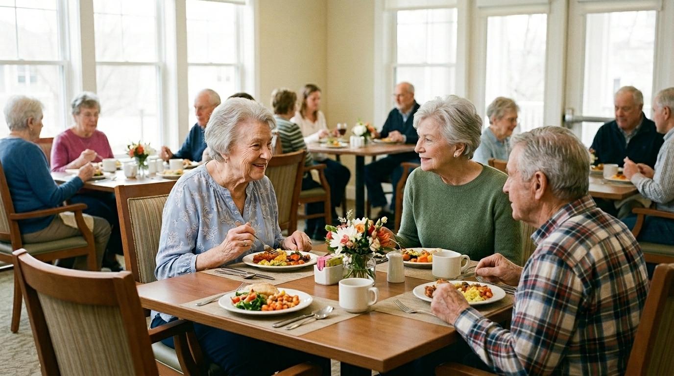 A group of seniors enjoy a meal in a senior living community.