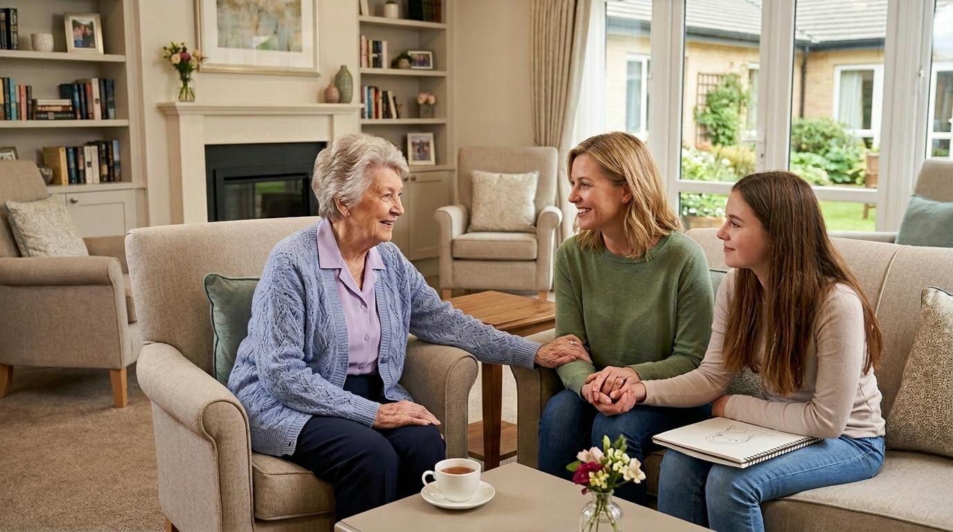 Family members gather together with a senior resident at an assisted living community, sharing a warm and joyful moment together.