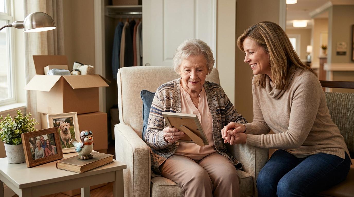 A senior showing a family photo to a family member after a new move to a memory care community.