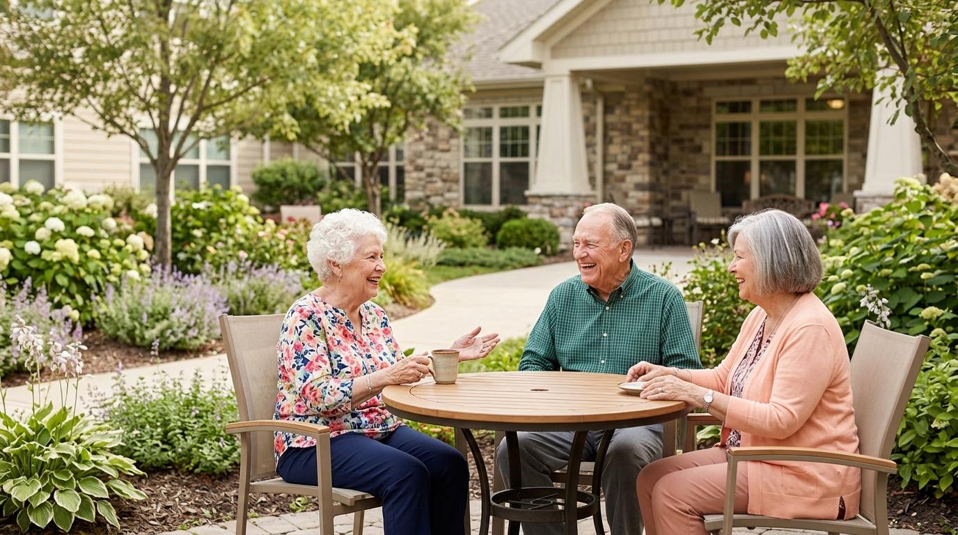 A group of smiling seniors enjoy conversation together outdoors in an assisted living community.