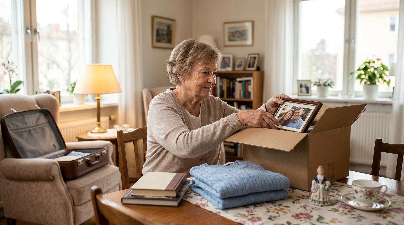 A senior packing belongings for a move to a memory care community. 