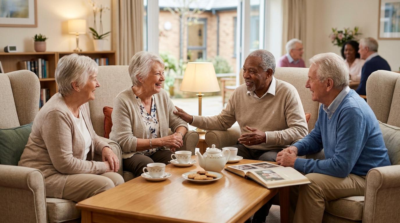 Seniors socialize and laugh together in a warm, welcoming common area of an assisted living community.