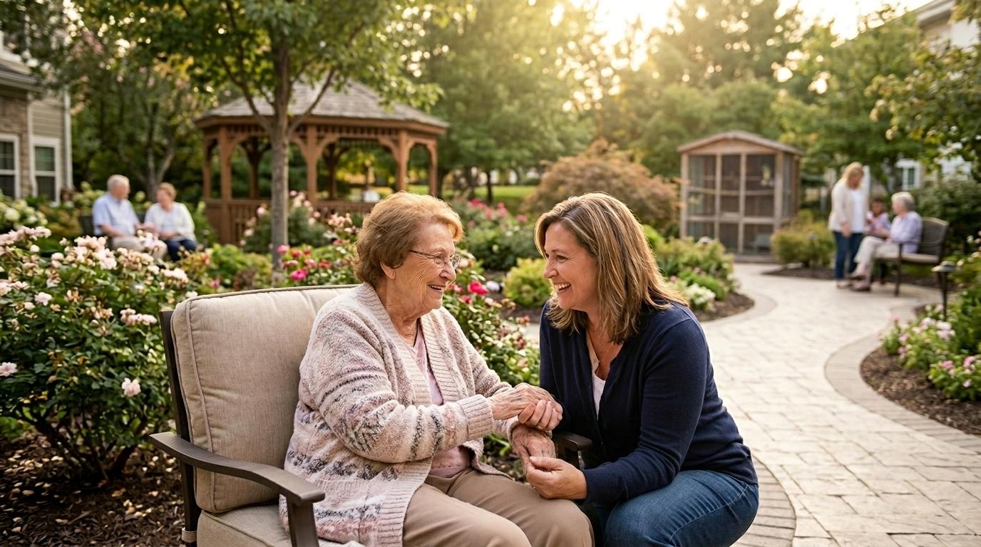 A family visits their loved one in a memory care community, sharing a meaningful moment together.