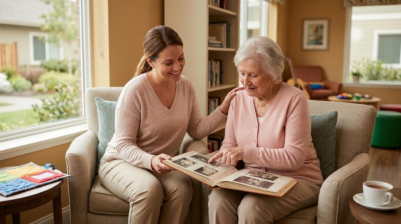 A smiling older adult and their child show old photos to each other in a memory care community common area.