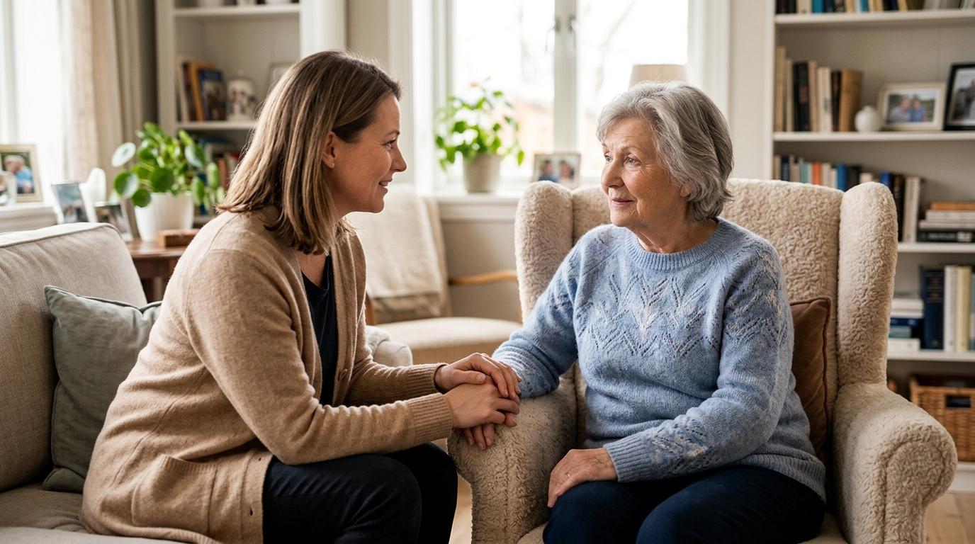 An older adult and a family member sitting together, sharing a warm and reassuring conversation about memory care.