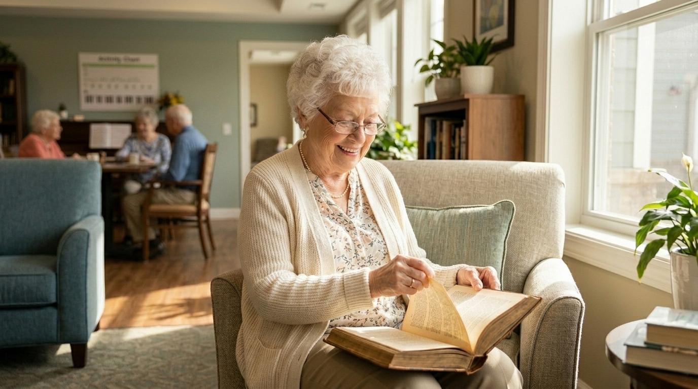 An older adult smiles while turning the page, reading a book in the comfortable lounge of their memory care community.